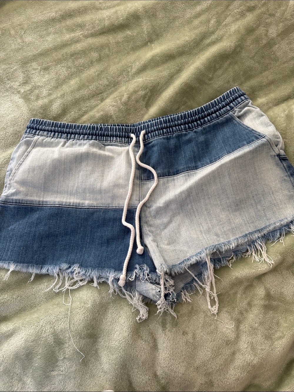 aerie Two-Tone Patchwork Denim Shorts in Light and Dark Blue